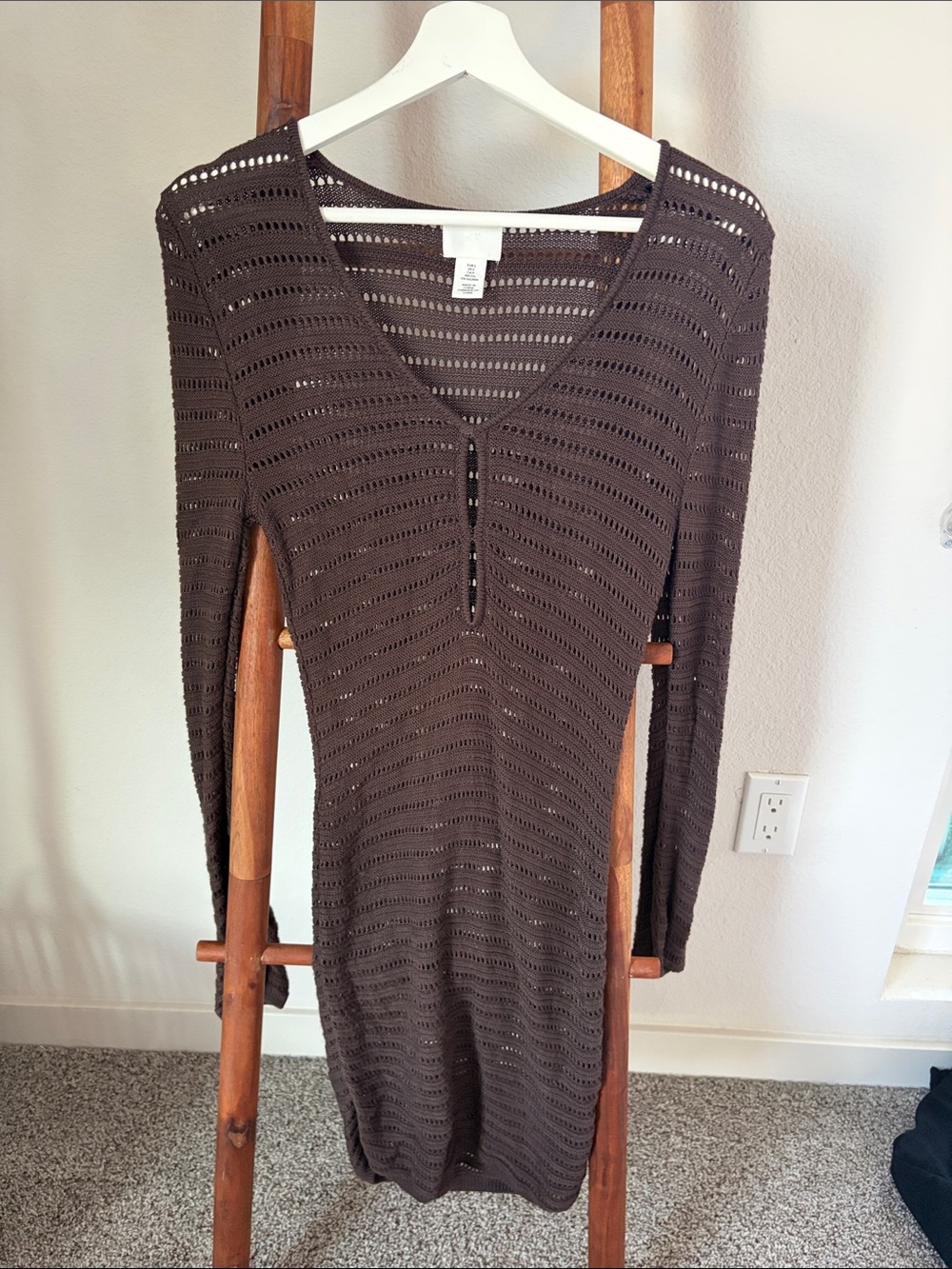 H&M Brown Crochet V-Neck Long Sleeve Dress